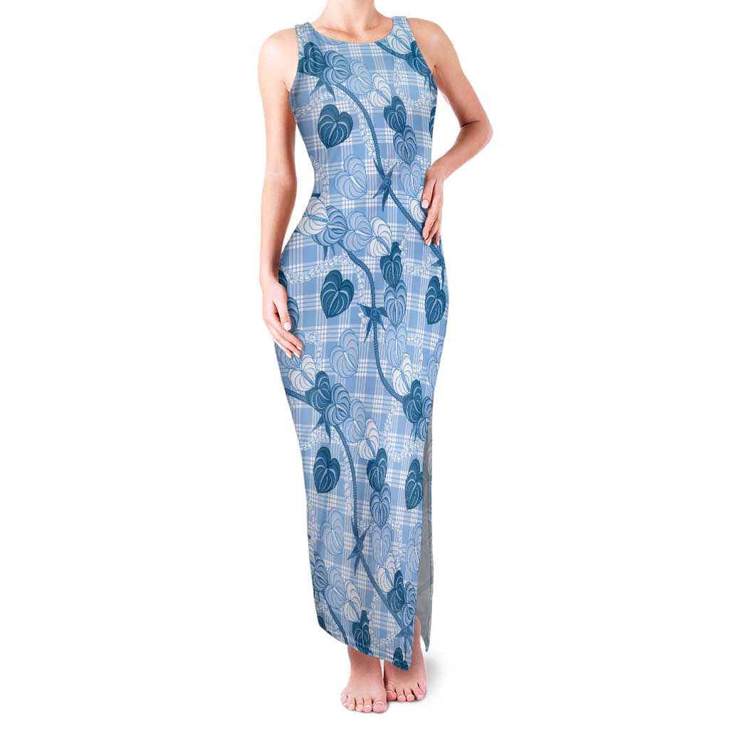 Anthurium Pikake Ti Leaf Palaka Tank Maxi Dress Blue Version LT01 Women Blue - Polynesian Pride
