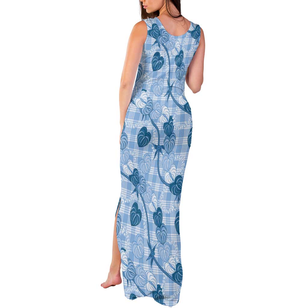 Anthurium Pikake Ti Leaf Palaka Tank Maxi Dress Blue Version LT01 - Polynesian Pride