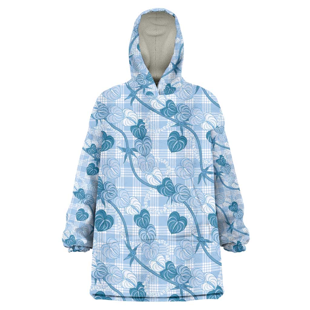 Anthurium Pikake Ti Leaf Palaka Wearable Blanket Hoodie Blue Version LT01 One Size Blue - Polynesian Pride