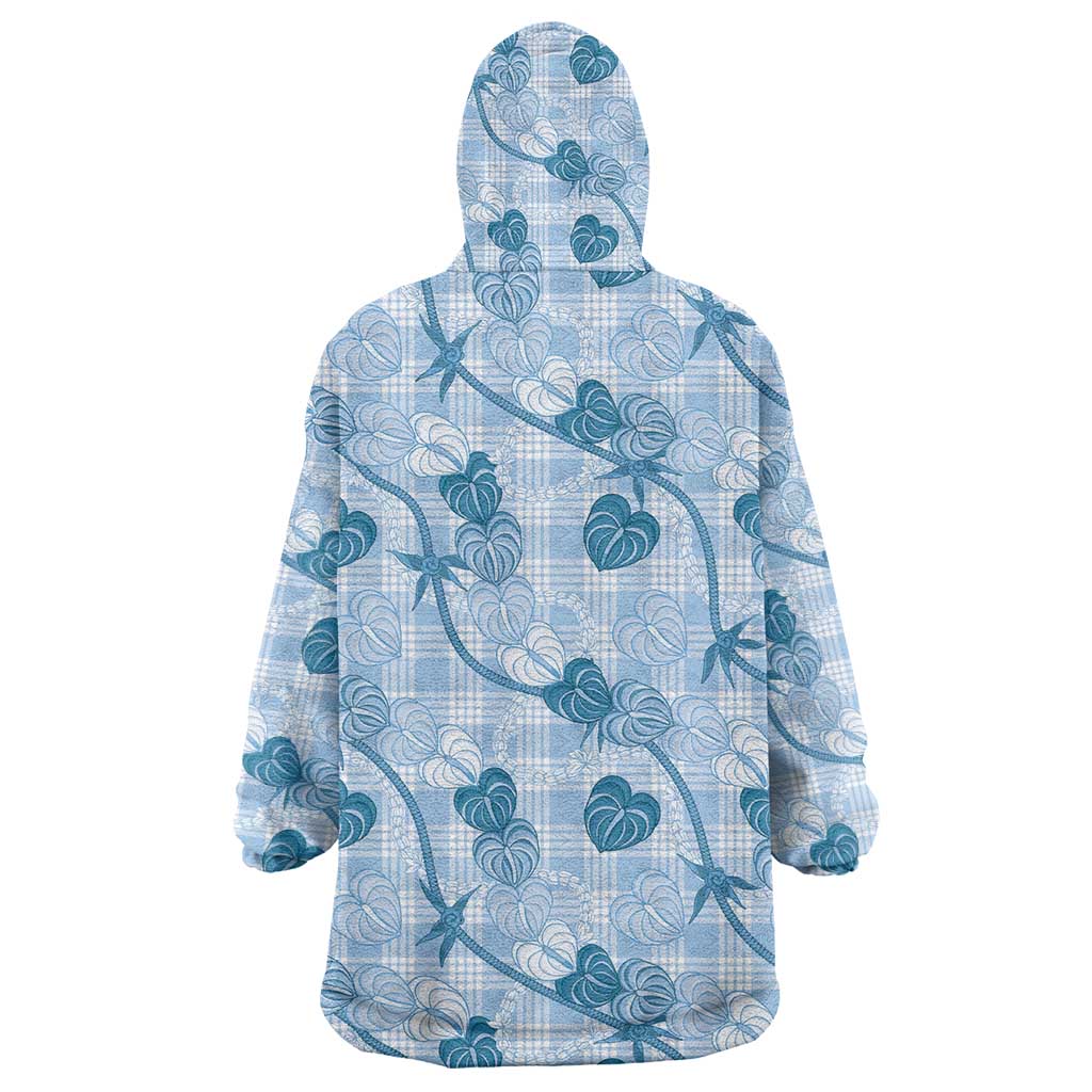 Anthurium Pikake Ti Leaf Palaka Wearable Blanket Hoodie Blue Version LT01 - Polynesian Pride