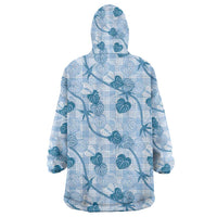 Anthurium Pikake Ti Leaf Palaka Wearable Blanket Hoodie Blue Version LT01 - Polynesian Pride