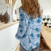 Anthurium Pikake Ti Leaf Palaka Women Casual Shirt Blue Version LT01 - Polynesian Pride