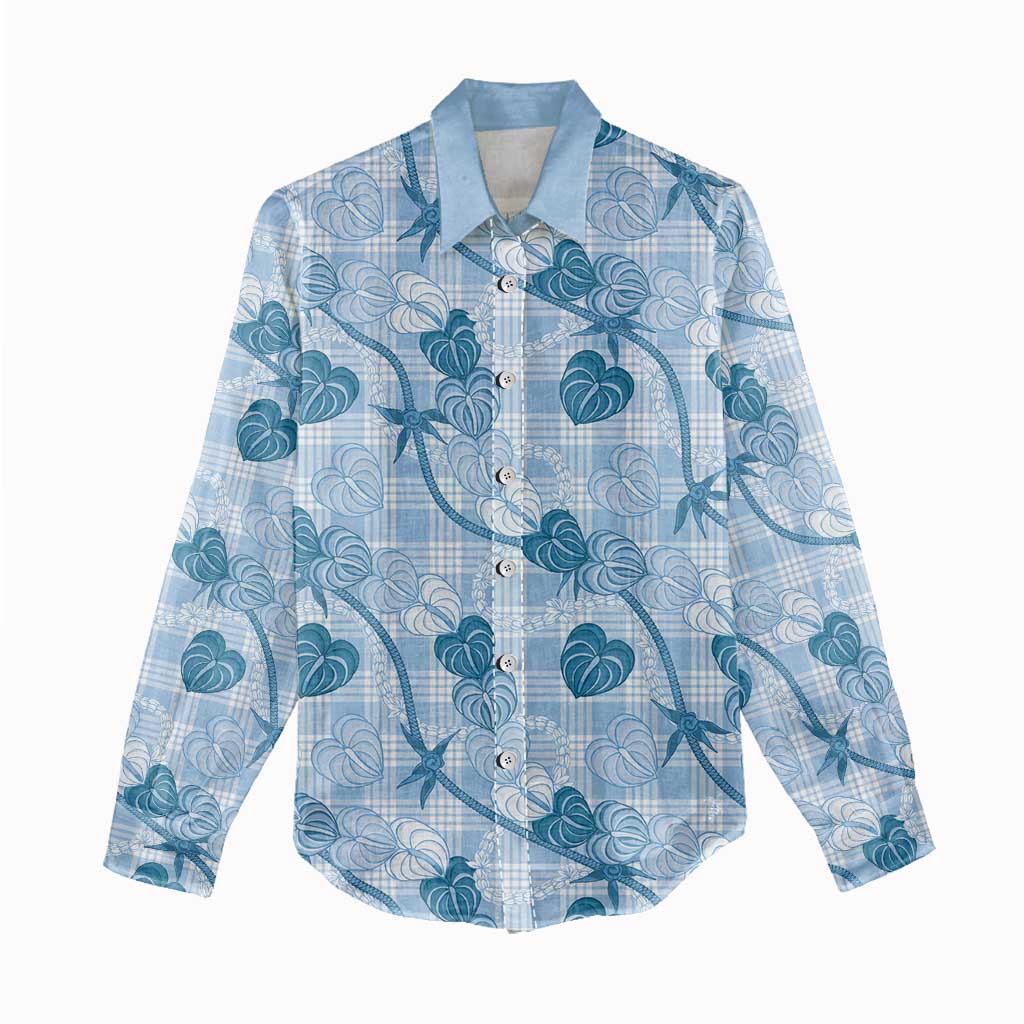 Anthurium Pikake Ti Leaf Palaka Women Casual Shirt Blue Version LT01 - Polynesian Pride
