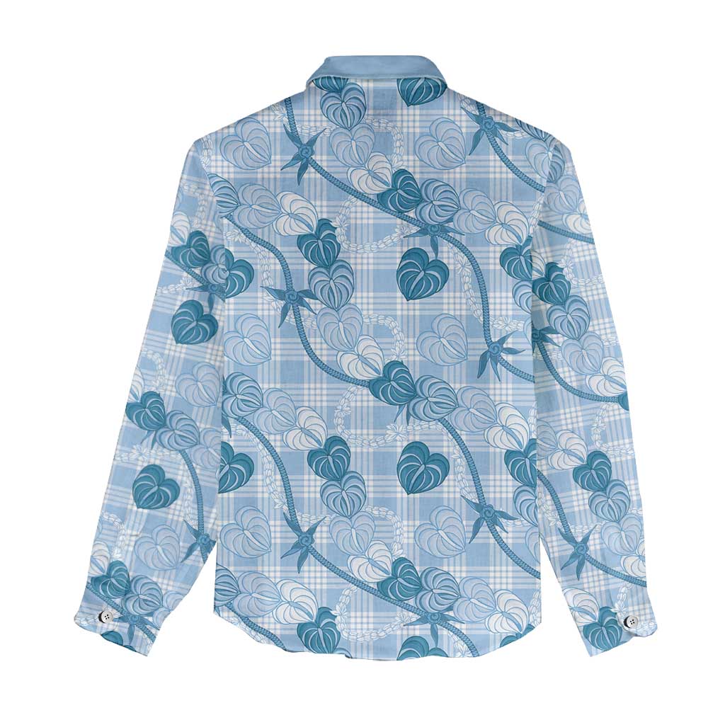 Anthurium Pikake Ti Leaf Palaka Women Casual Shirt Blue Version LT01 - Polynesian Pride