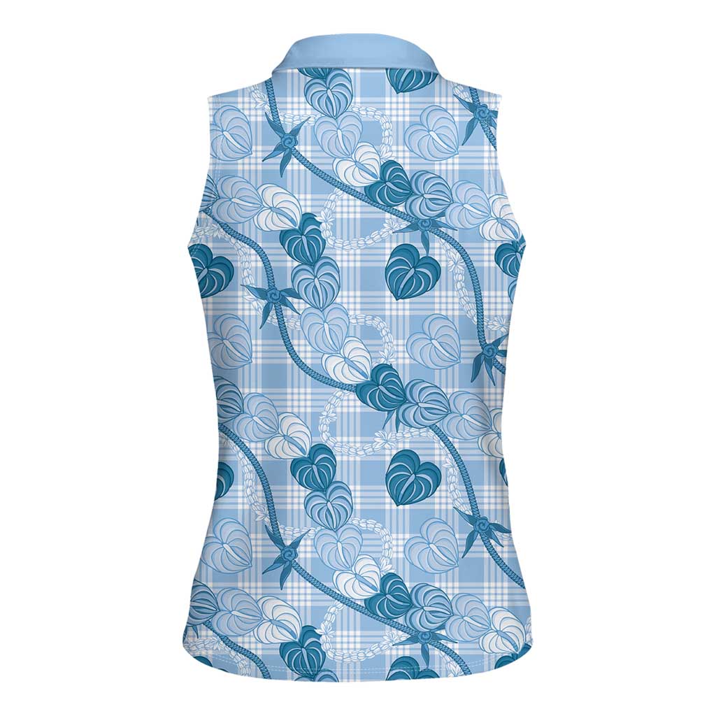 Anthurium Pikake Ti Leaf Palaka Women Sleeveless Polo Shirt Blue Version LT01 - Polynesian Pride