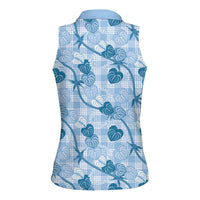 Anthurium Pikake Ti Leaf Palaka Women Sleeveless Polo Shirt Blue Version LT01 - Polynesian Pride