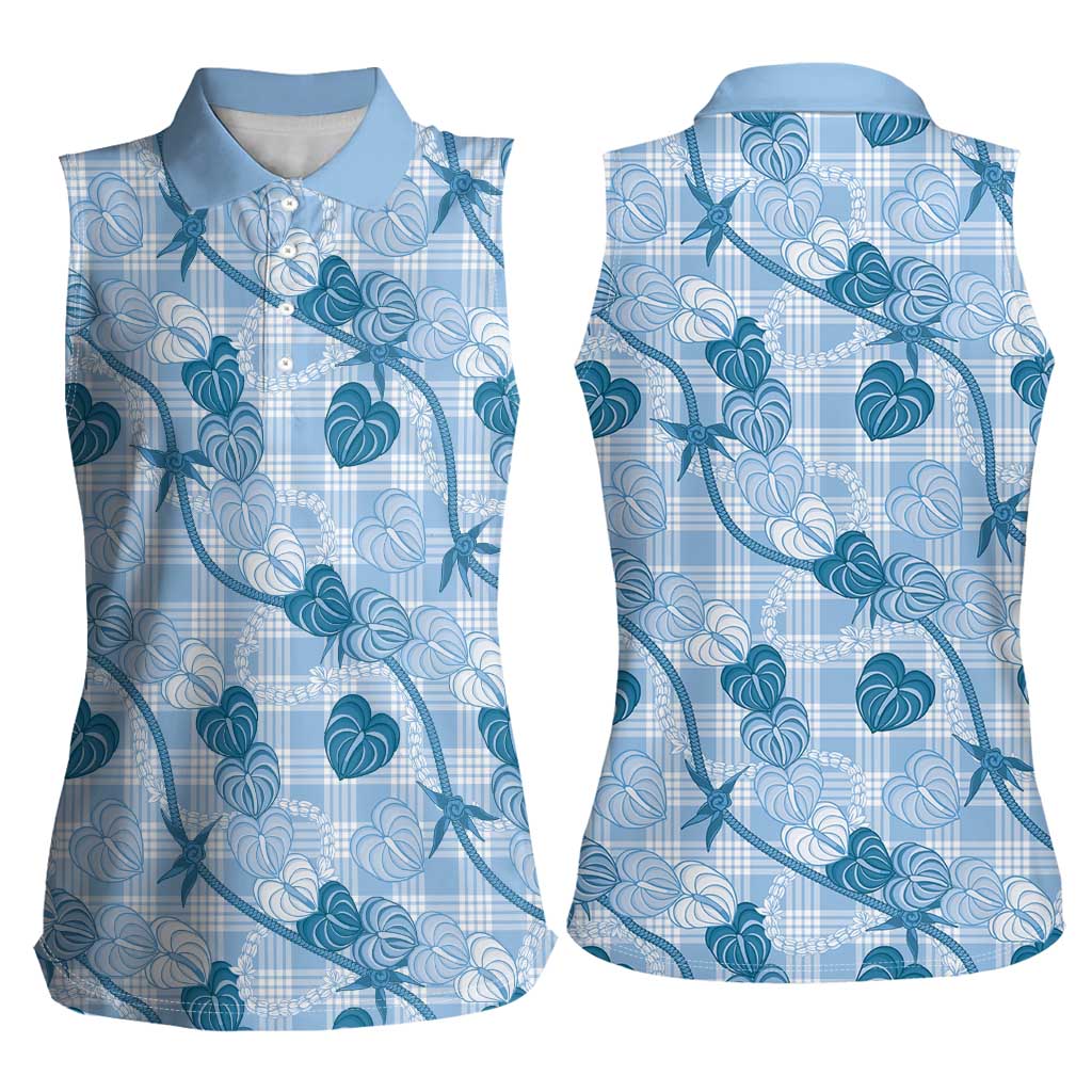 Anthurium Pikake Ti Leaf Palaka Women Sleeveless Polo Shirt Blue Version LT01 - Polynesian Pride
