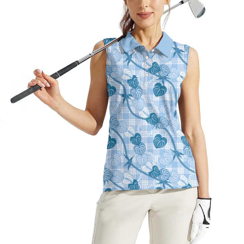 Anthurium Pikake Ti Leaf Palaka Women Sleeveless Polo Shirt Blue Version LT01 - Polynesian Pride