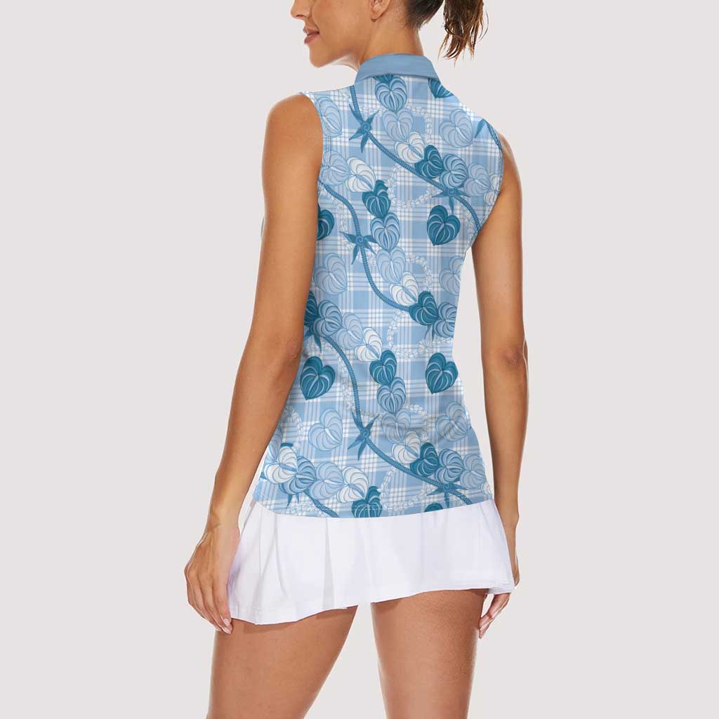 Anthurium Pikake Ti Leaf Palaka Women Sleeveless Polo Shirt Blue Version LT01 - Polynesian Pride