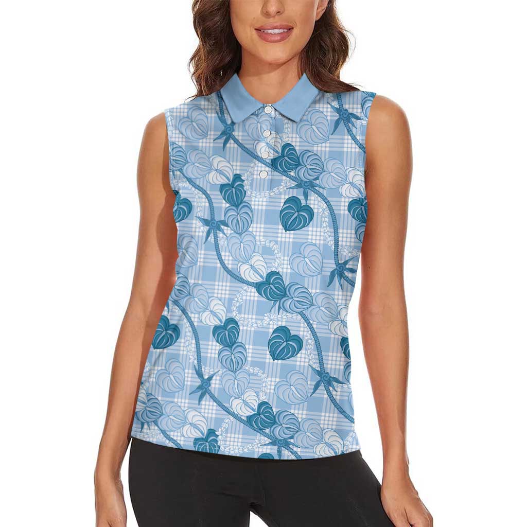 Anthurium Pikake Ti Leaf Palaka Women Sleeveless Polo Shirt Blue Version LT01 - Polynesian Pride