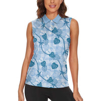 Anthurium Pikake Ti Leaf Palaka Women Sleeveless Polo Shirt Blue Version LT01 - Polynesian Pride