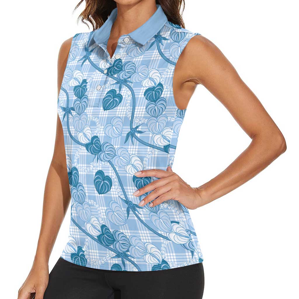 Anthurium Pikake Ti Leaf Palaka Women Sleeveless Polo Shirt Blue Version LT01 - Polynesian Pride
