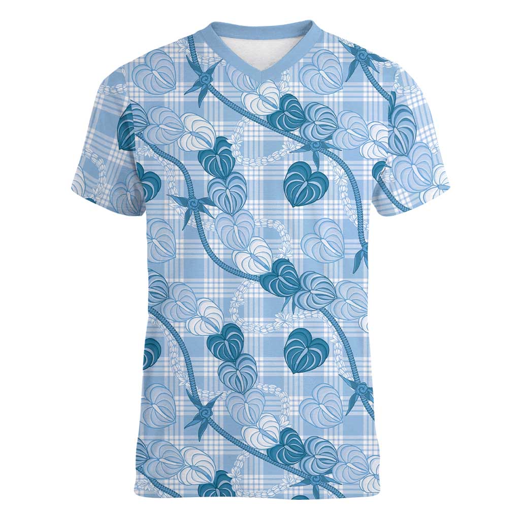 Anthurium Pikake Ti Leaf Palaka Women V-Neck T-Shirt Blue Version LT01 Female Blue - Polynesian Pride