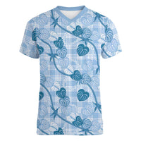 Anthurium Pikake Ti Leaf Palaka Women V-Neck T-Shirt Blue Version LT01 Female Blue - Polynesian Pride