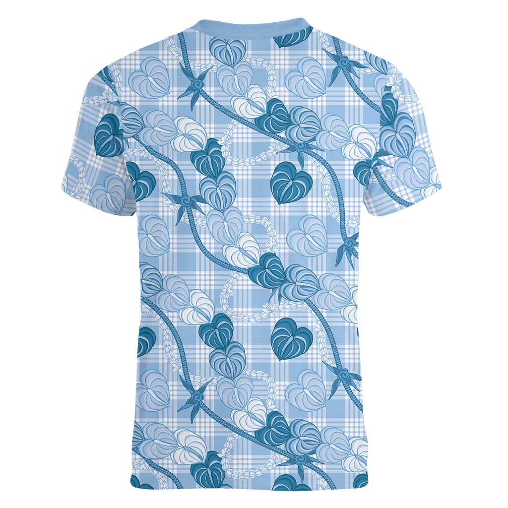 Anthurium Pikake Ti Leaf Palaka Women V-Neck T-Shirt Blue Version LT01 - Polynesian Pride