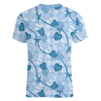 Anthurium Pikake Ti Leaf Palaka Women V-Neck T-Shirt Blue Version LT01 - Polynesian Pride
