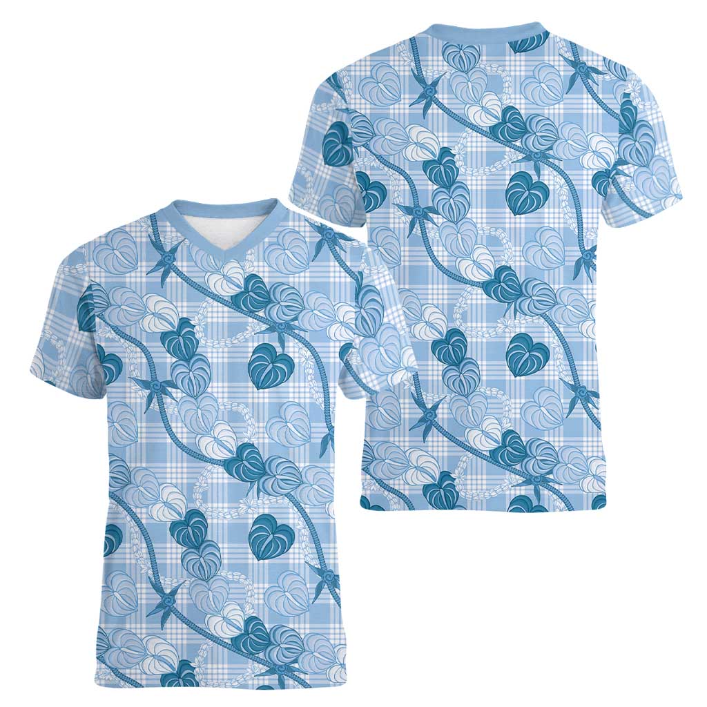 Anthurium Pikake Ti Leaf Palaka Women V-Neck T-Shirt Blue Version LT01 - Polynesian Pride