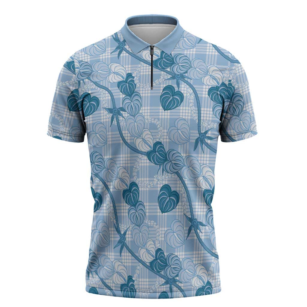 Anthurium Pikake Ti Leaf Palaka Zipper Polo Shirt Blue Version LT01 Blue - Polynesian Pride