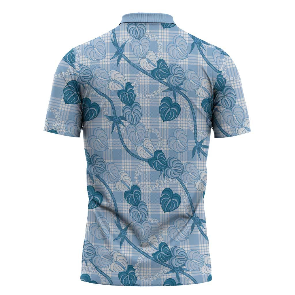 Anthurium Pikake Ti Leaf Palaka Zipper Polo Shirt Blue Version LT01 - Polynesian Pride