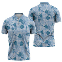 Anthurium Pikake Ti Leaf Palaka Zipper Polo Shirt Blue Version LT01 - Polynesian Pride