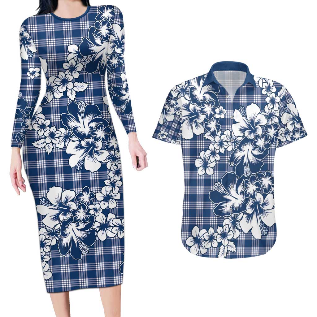Hibiscus Pakala Cobalt Blue Royal Couples Matching Long Sleeve Bodycon Dress and Hawaiian Shirt Tropical Floral Stylized - Polynesian Pride