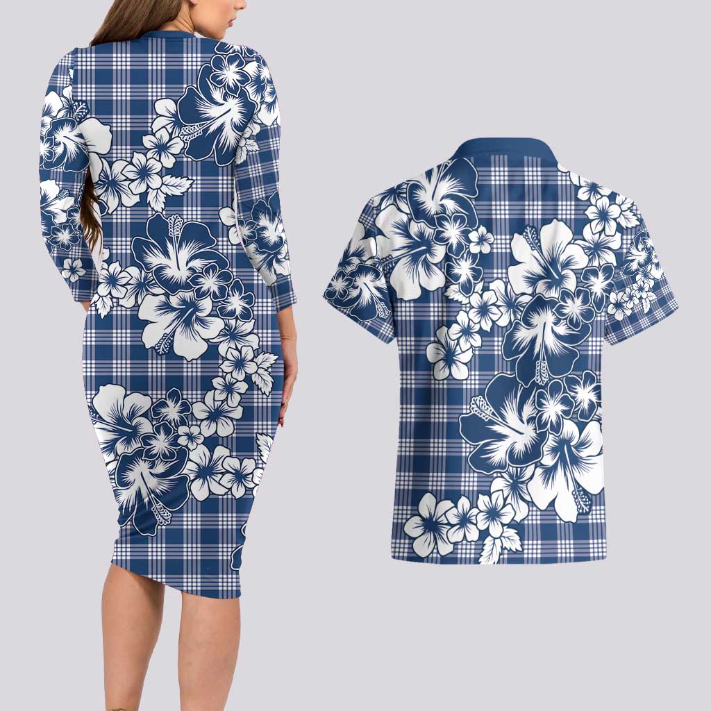Hibiscus Pakala Cobalt Blue Royal Couples Matching Long Sleeve Bodycon Dress and Hawaiian Shirt Tropical Floral Stylized - Polynesian Pride