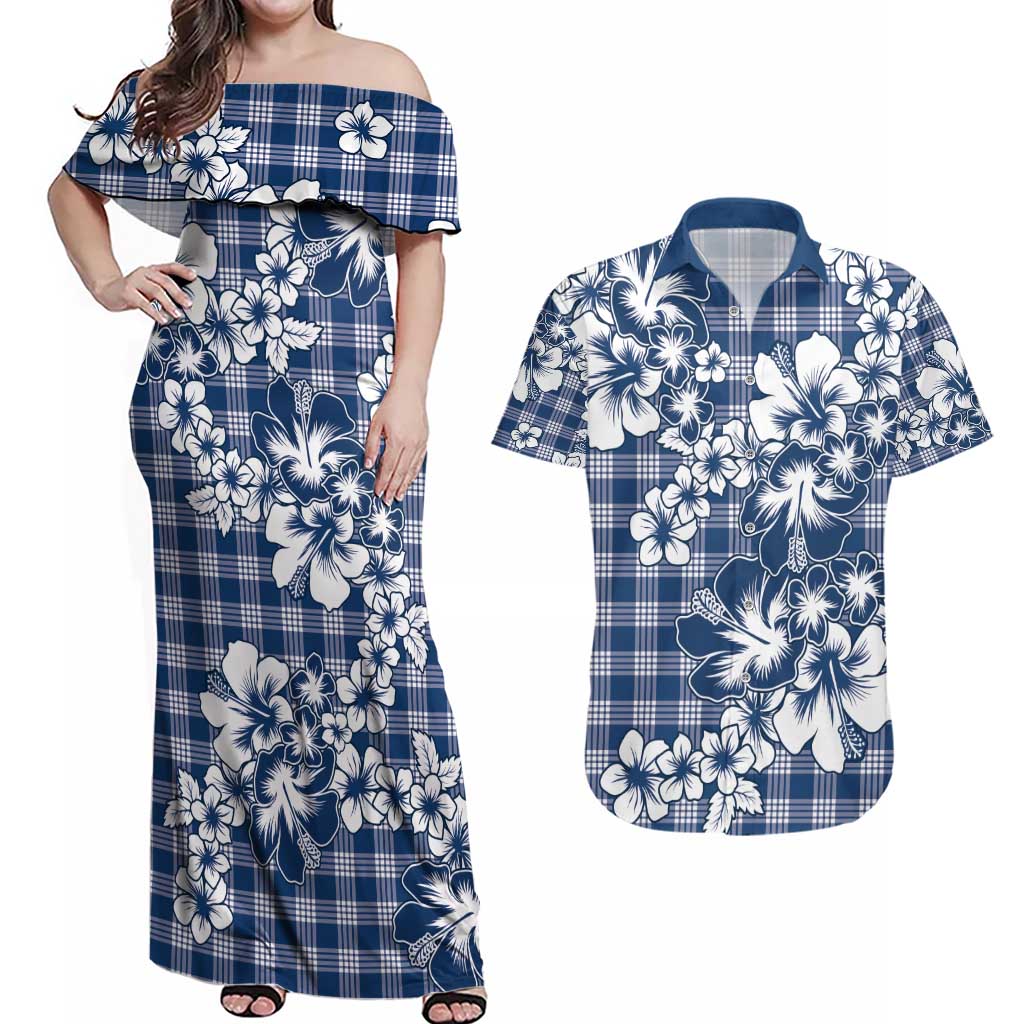 Hibiscus Pakala Cobalt Blue Royal Couples Matching Off Shoulder Maxi Dress and Hawaiian Shirt Tropical Floral Stylized - Polynesian Pride