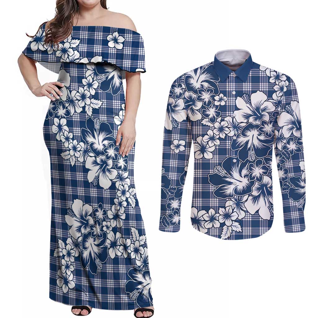 Hibiscus Pakala Cobalt Blue Royal Couples Matching Off Shoulder Maxi Dress and Long Sleeve Button Shirt Tropical Floral Stylized LT01 Blue - Polynesian Pride