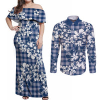 Hibiscus Pakala Cobalt Blue Royal Couples Matching Off Shoulder Maxi Dress and Long Sleeve Button Shirt Tropical Floral Stylized LT01 Blue - Polynesian Pride