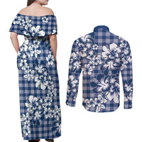 Hibiscus Pakala Cobalt Blue Royal Couples Matching Off Shoulder Maxi Dress and Long Sleeve Button Shirt Tropical Floral Stylized LT01 - Polynesian Pride