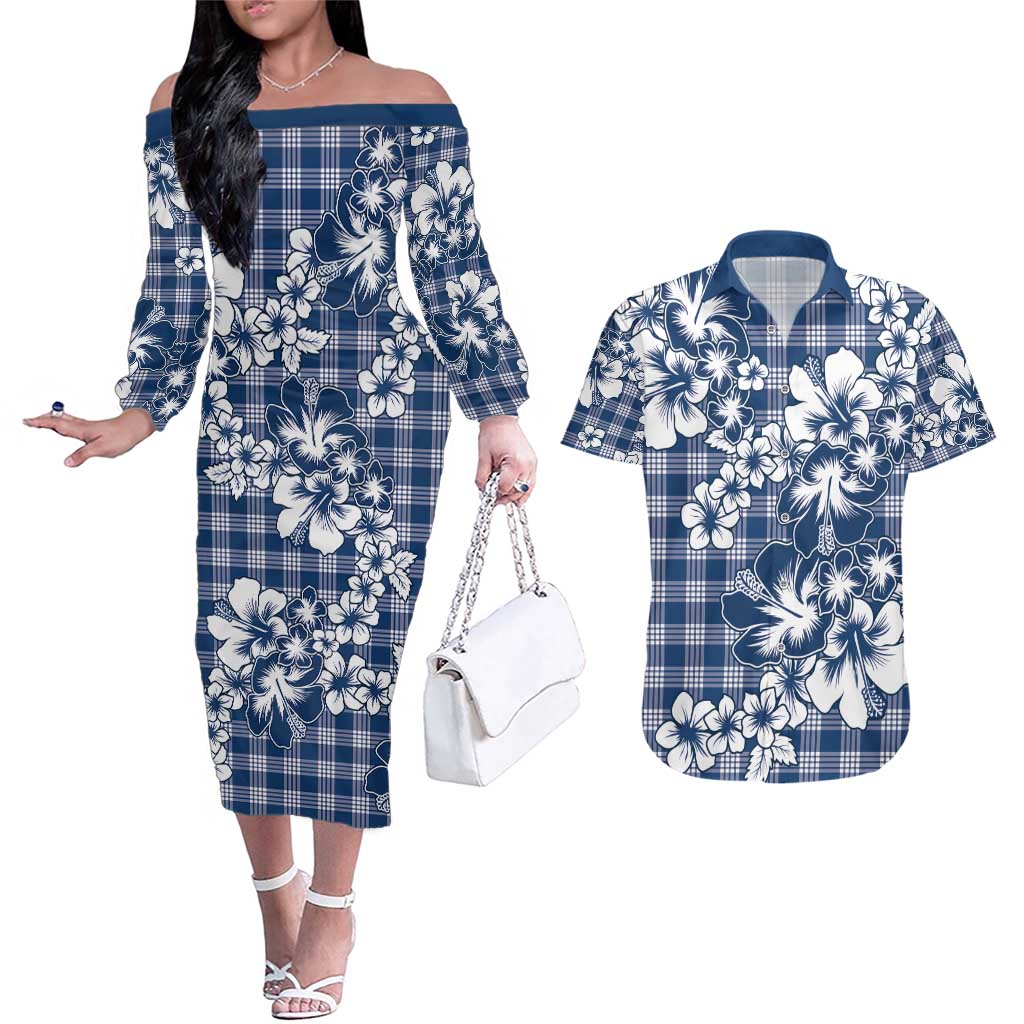 Hibiscus Pakala Cobalt Blue Royal Couples Matching Off The Shoulder Long Sleeve Dress and Hawaiian Shirt Tropical Floral Stylized - Polynesian Pride