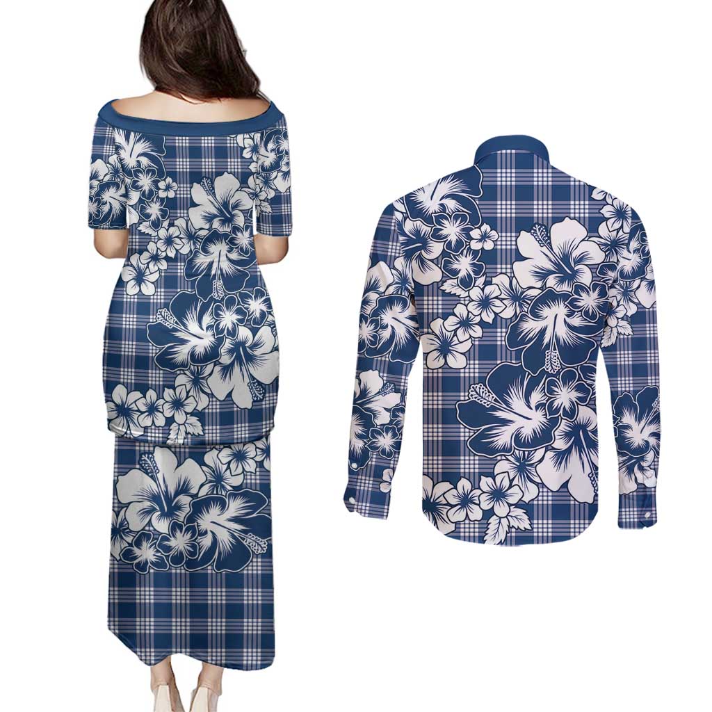 Hibiscus Pakala Cobalt Blue Royal Couples Matching Puletasi and Long Sleeve Button Shirt Tropical Floral Stylized LT01 - Polynesian Pride