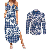 Hibiscus Pakala Cobalt Blue Royal Couples Matching Summer Maxi Dress and Long Sleeve Button Shirt Tropical Floral Stylized LT01 Blue - Polynesian Pride