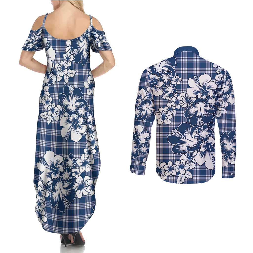 Hibiscus Pakala Cobalt Blue Royal Couples Matching Summer Maxi Dress and Long Sleeve Button Shirt Tropical Floral Stylized LT01 - Polynesian Pride