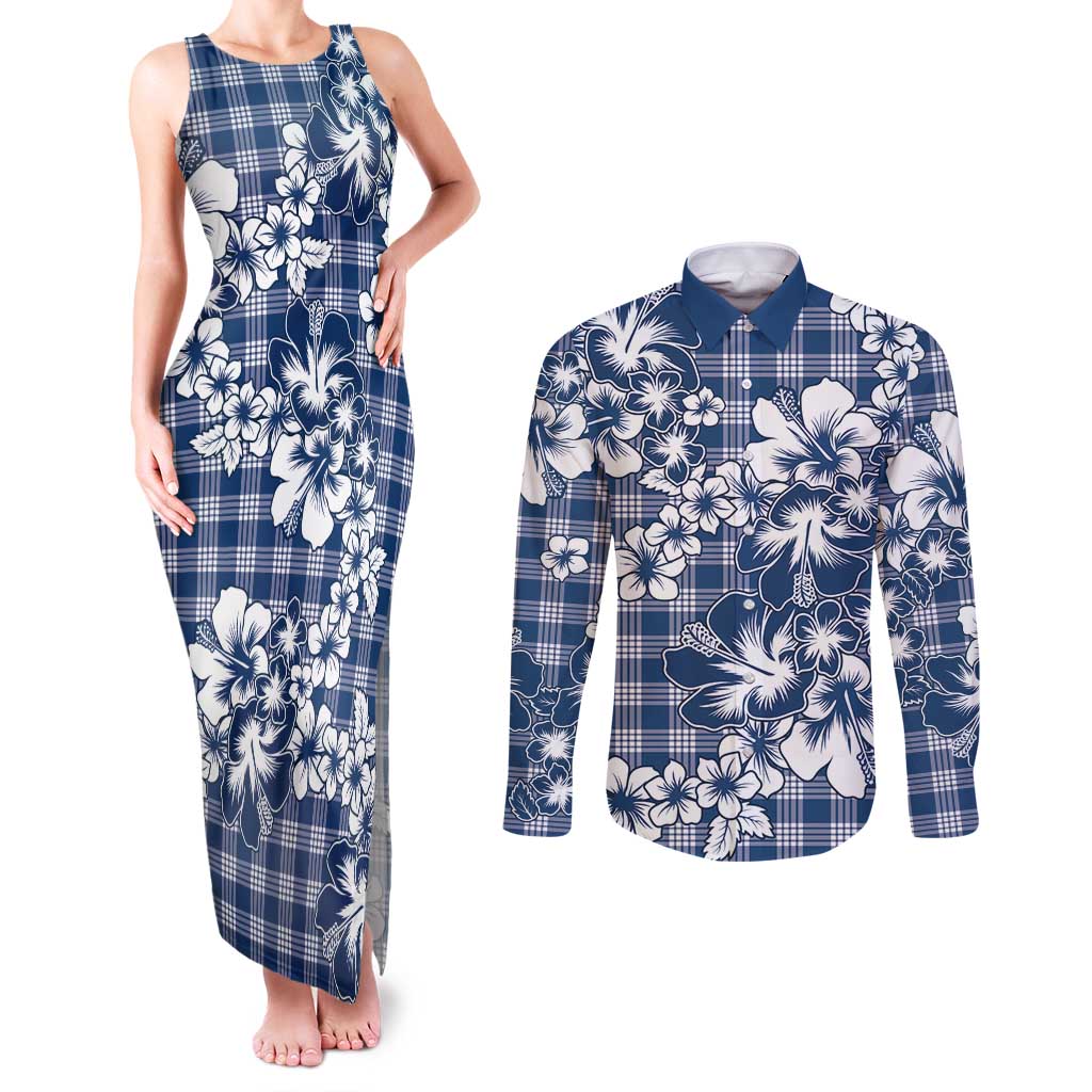 Hibiscus Pakala Cobalt Blue Royal Couples Matching Tank Maxi Dress and Long Sleeve Button Shirt Tropical Floral Stylized - Polynesian Pride