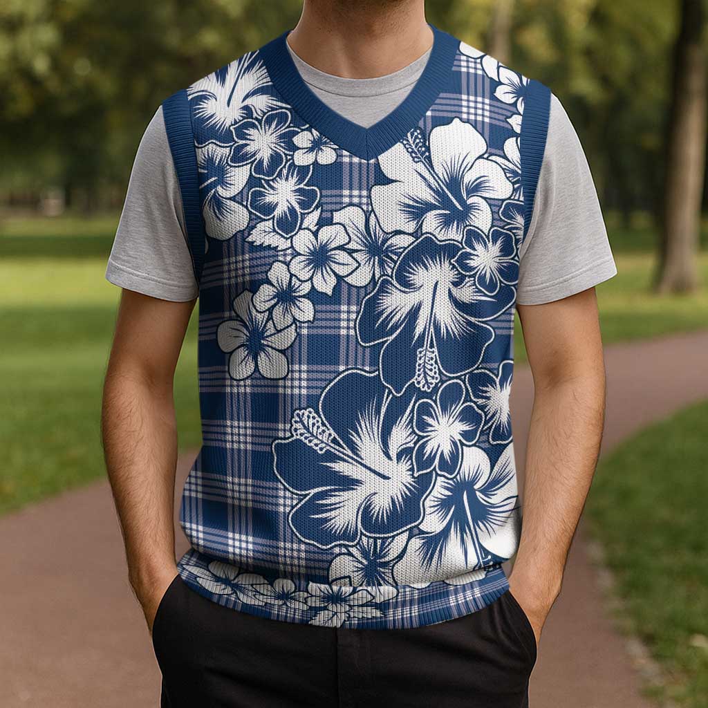 Hibiscus Pakala Cobalt Blue Royal Christmas Knitted V-Neck Vest Tropical Floral Stylized LT01 - Polynesian Pride