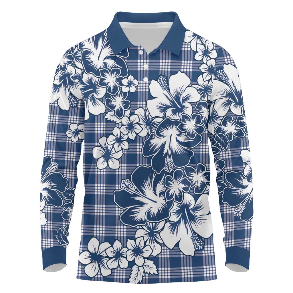 Hibiscus Pakala Cobalt Blue Royal Long Sleeve Polo Shirt Tropical Floral Stylized - Polynesian Pride