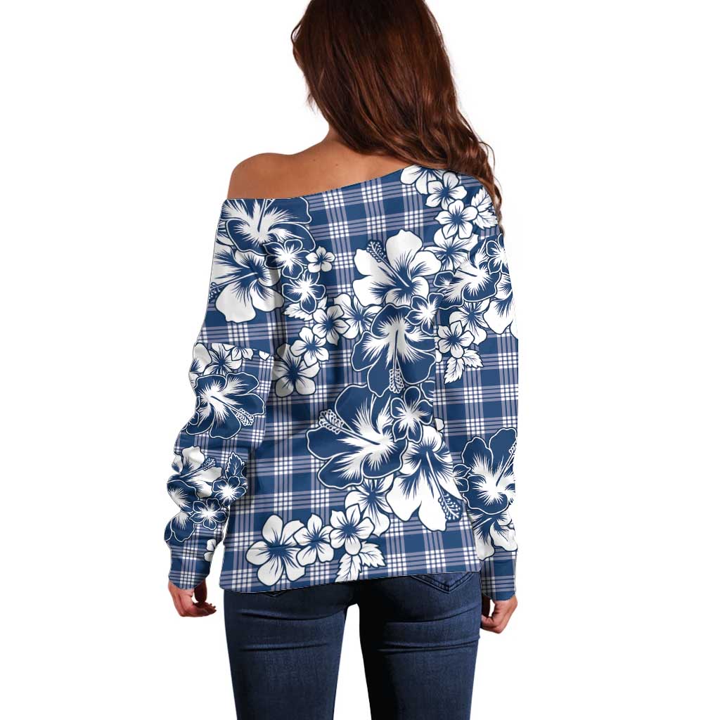 Hibiscus Pakala Cobalt Blue Royal Off Shoulder Sweater Tropical Floral Stylized - Polynesian Pride