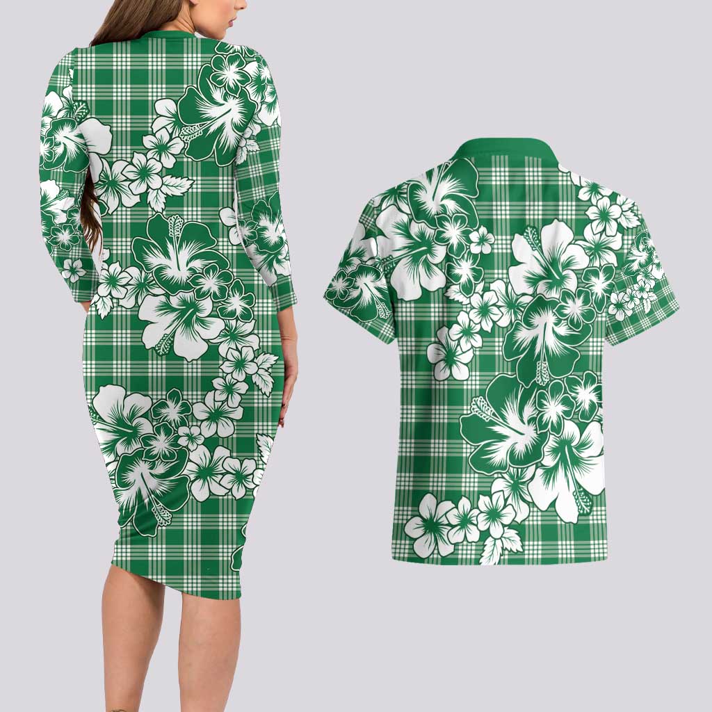 Hibiscus Pakala Emerald Green Couples Matching Long Sleeve Bodycon Dress and Hawaiian Shirt Tropical Floral Stylized - Polynesian Pride
