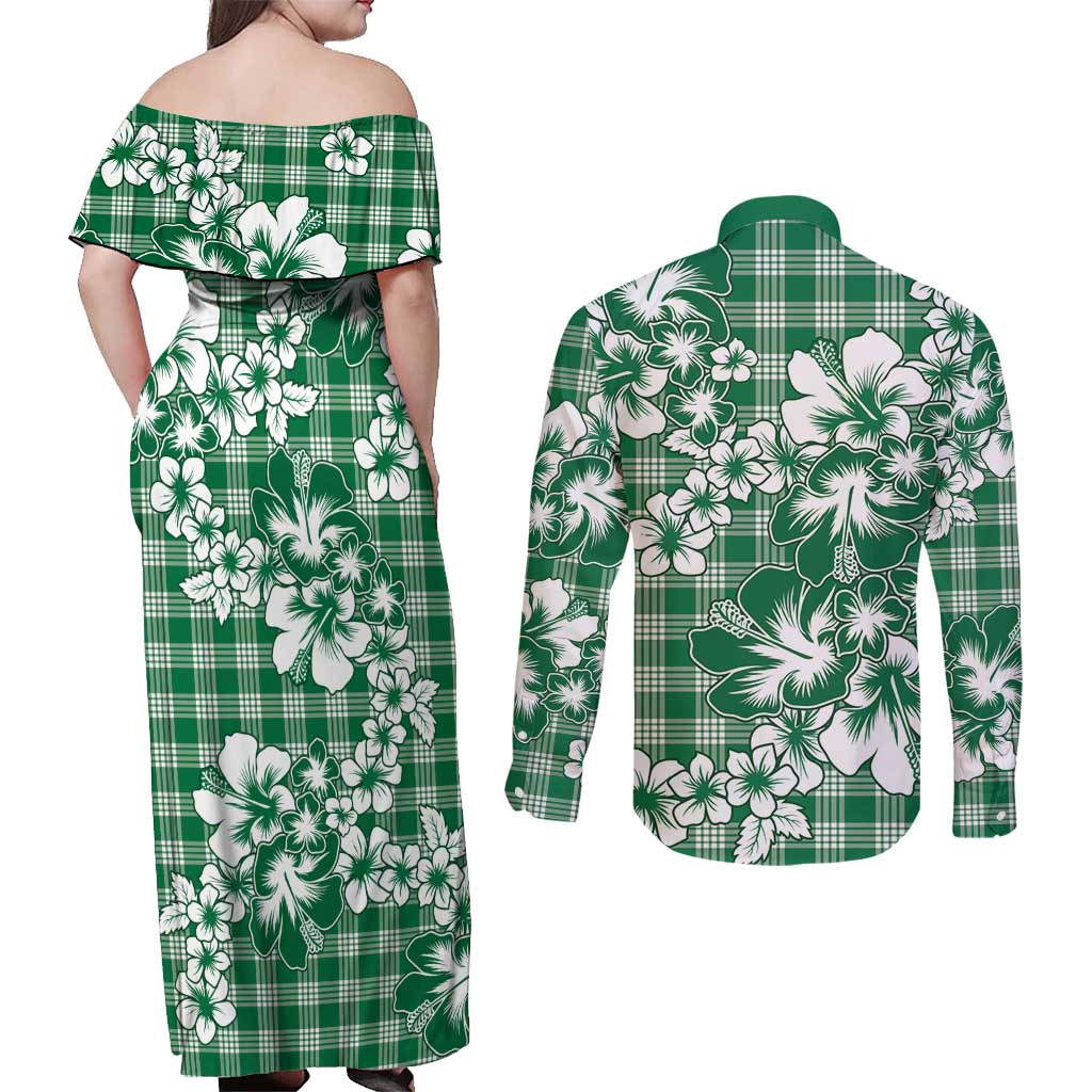 Hibiscus Pakala Emerald Green Couples Matching Off Shoulder Maxi Dress and Long Sleeve Button Shirt Tropical Floral Stylized - Polynesian Pride