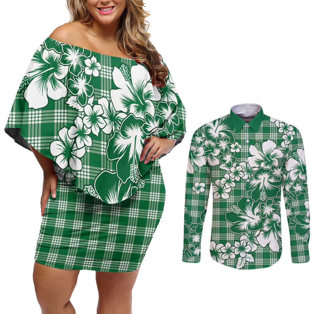 Hibiscus Pakala Emerald Green Couples Matching Off Shoulder Short Dress and Long Sleeve Button Shirt Tropical Floral Stylized - Polynesian Pride