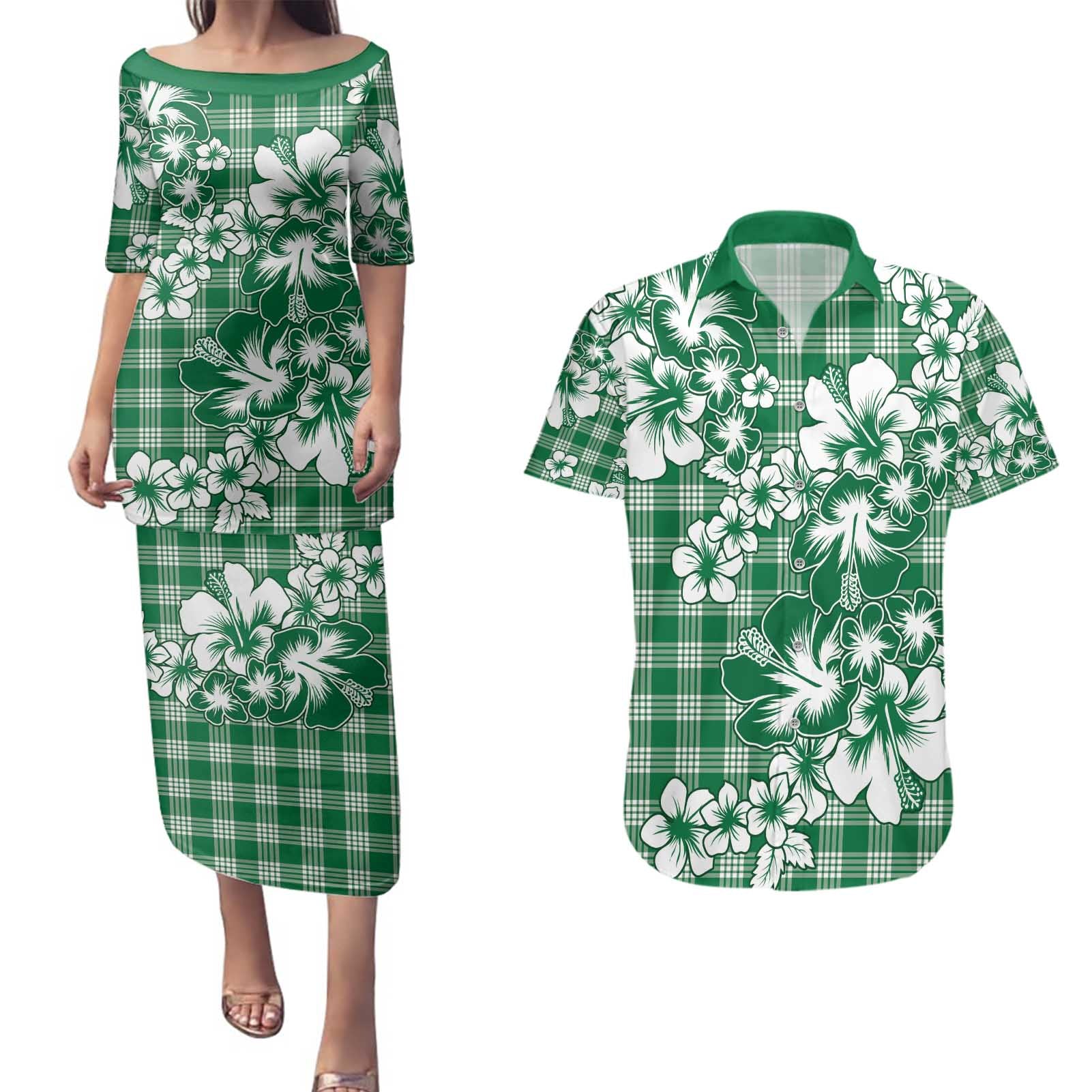 Hibiscus Pakala Emerald Green Couples Matching Puletasi and Hawaiian Shirt Tropical Floral Stylized - Polynesian Pride
