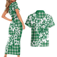 Hibiscus Pakala Emerald Green Couples Matching Short Sleeve Bodycon Dress and Hawaiian Shirt Tropical Floral Stylized - Polynesian Pride