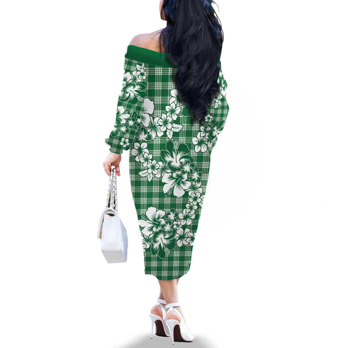 Hibiscus Pakala Emerald Green Family Matching Off The Shoulder Long Sleeve Dress and Hawaiian Shirt Tropical Floral Stylized - Polynesian Pride