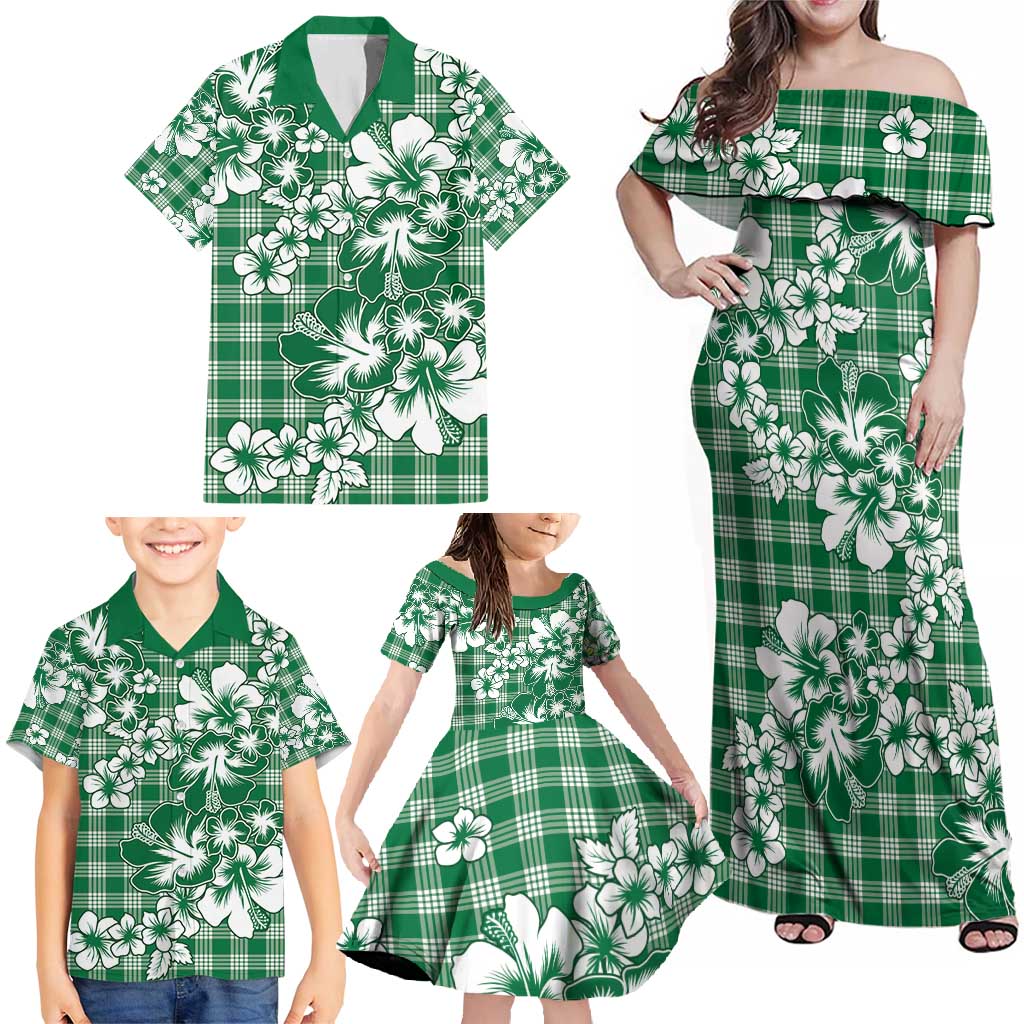 Hibiscus Pakala Emerald Green Family Matching Off Shoulder Maxi Dress and Hawaiian Shirt Tropical Floral Stylized - Polynesian Pride