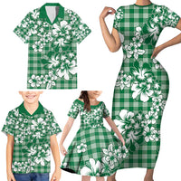 Hibiscus Pakala Emerald Green Family Matching Short Sleeve Bodycon Dress and Hawaiian Shirt Tropical Floral Stylized - Polynesian Pride