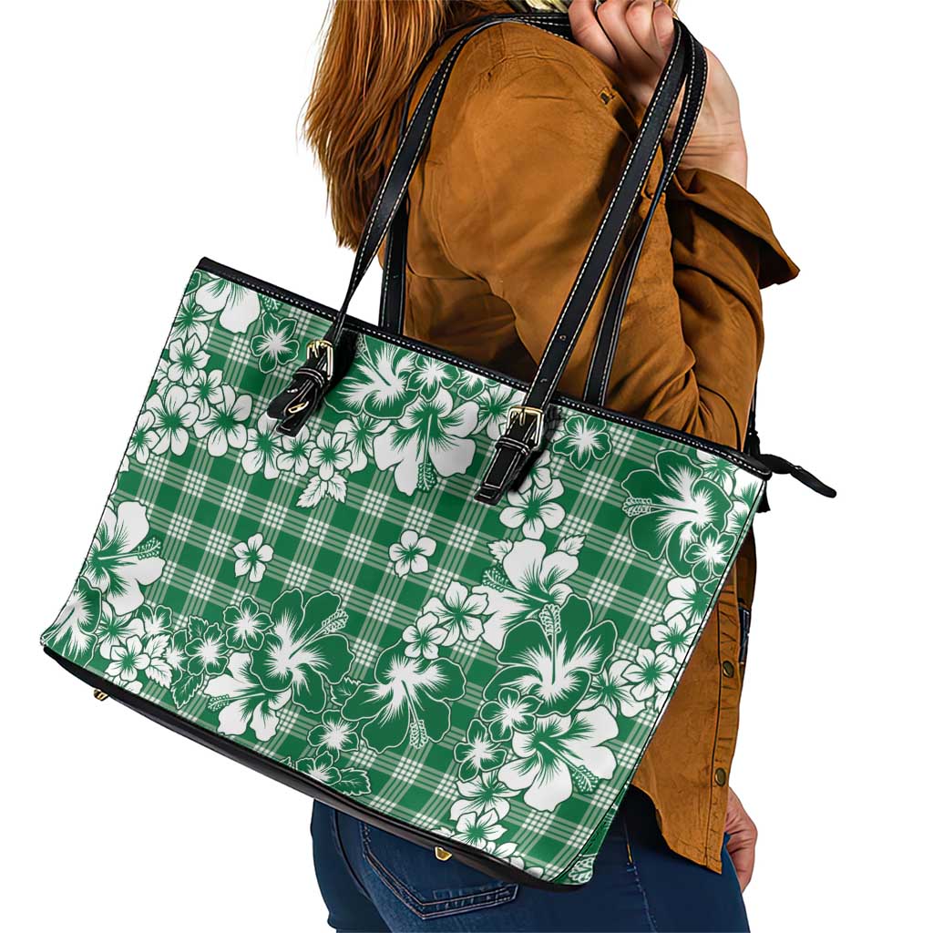 Hibiscus Pakala Emerald Green Leather Tote Bag Tropical Floral Stylized - Polynesian Pride