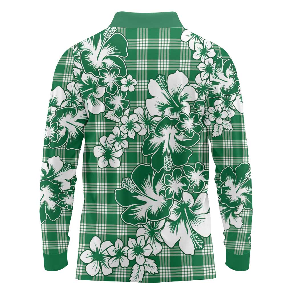 Hibiscus Pakala Emerald Green Long Sleeve Polo Shirt Tropical Floral Stylized - Polynesian Pride