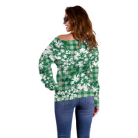 Hibiscus Pakala Emerald Green Off Shoulder Sweater Tropical Floral Stylized - Polynesian Pride