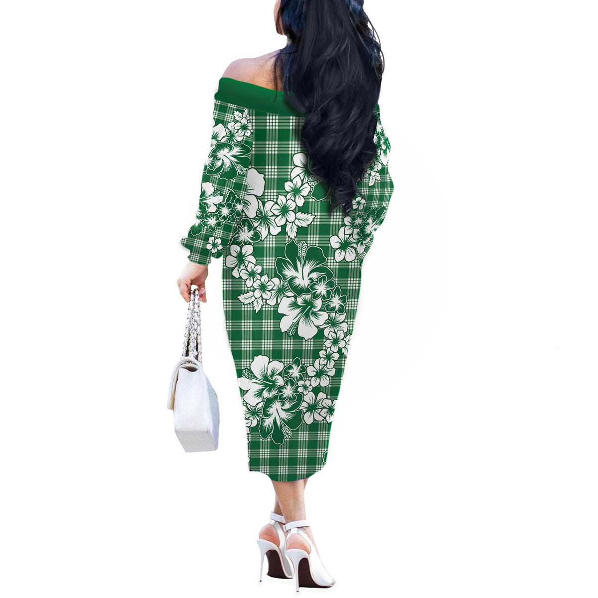 Hibiscus Pakala Emerald Green Off The Shoulder Long Sleeve Dress Tropical Floral Stylized - Polynesian Pride
